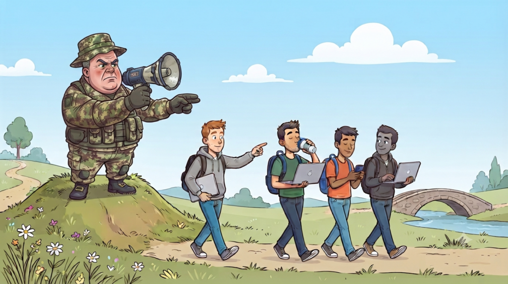 Satirical cartoon: an old-style general shouting orders through a megaphone while relaxed developers walk their own way