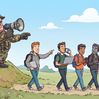 Satirical cartoon: an old-style general shouting orders through a megaphone while relaxed developers walk their own way
