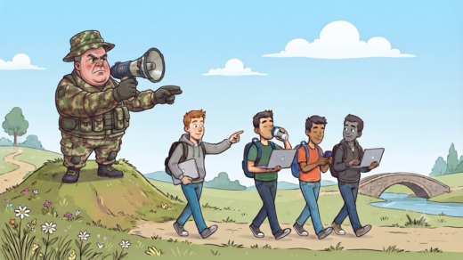Satirical cartoon: an old-style general shouting orders through a megaphone while relaxed developers walk their own way